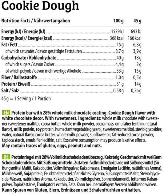 Nutritional values and ingredients HEJ Nutrition HEJ Crispy Protein Bar (12 x 45g) (Cookie Dough, 1 pcs., 540 g)