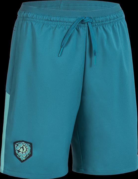 Kipsta Kinder Fussball Shorts - VIRALTO Kids türkis mit grünem Streifen