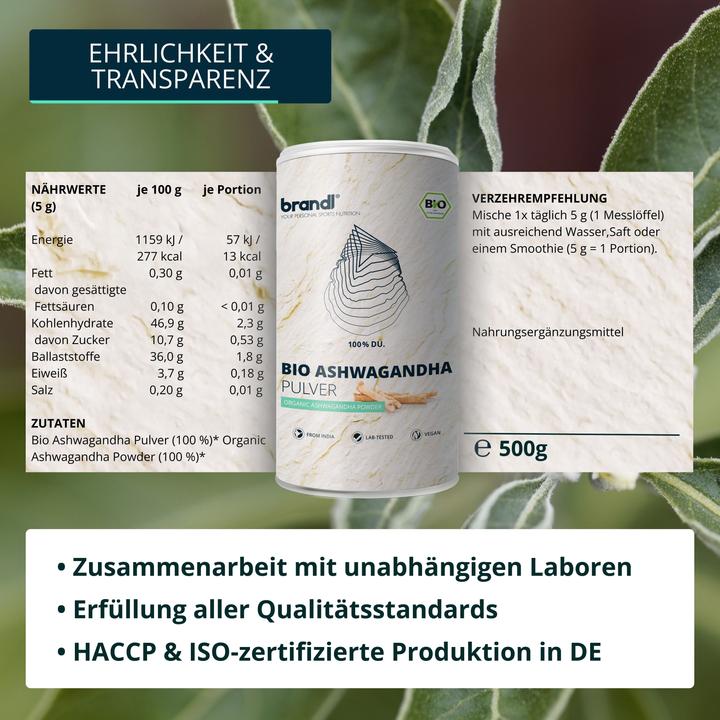 Nährwerte und Zutaten Brandl Ashwagandha Pulver Bio (1 Stück, Pulver, 500 g)