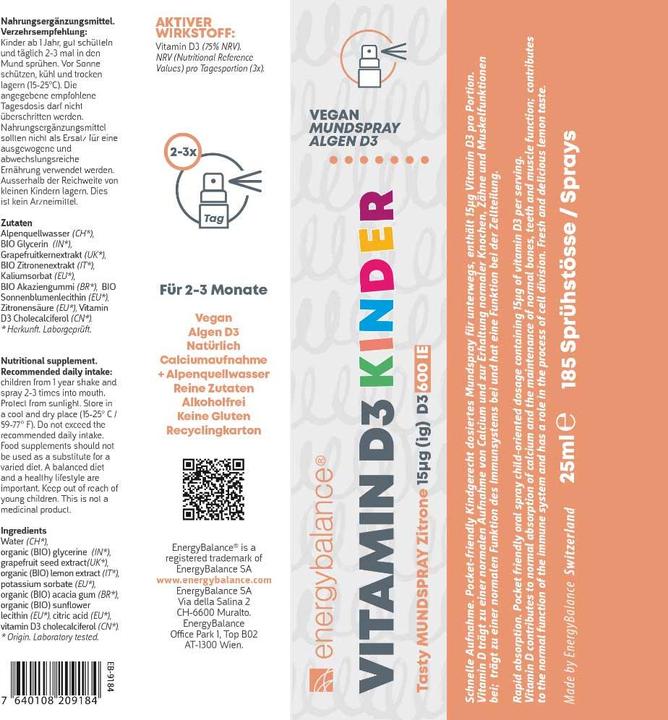 Valori nutrizionali e ingredienti Energybalance Vitamina D3 bambini (1 Pezzo/i, Getto vaporizzato, 0.03 g)