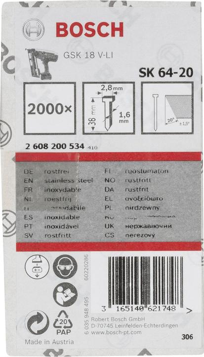 Produktbild Bosch Professional Zubehör Senkkopf-Stift SK64 20NR, 38 mm Edelstahl