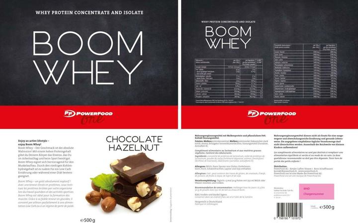 Valori nutrizionali e ingredienti PowerFood One Boom Whey (Cioccolato e nocciole, 1 pz., 500 g)
