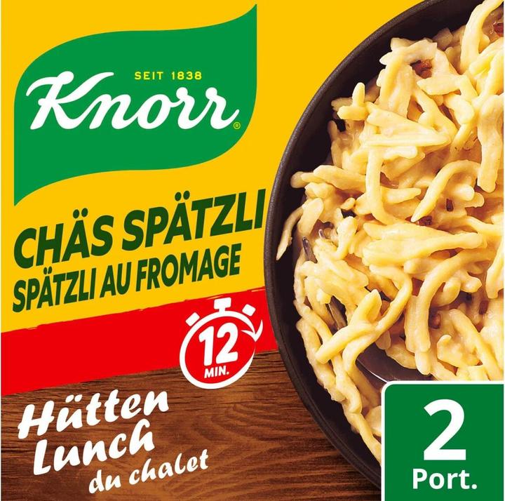 Produktbild Knorr Hütten Lunch du Chalet Chäs Spätzli Beutel, crèmiger Käse, feinste Spätzli & Schinken, Fertiggericht (180 g)