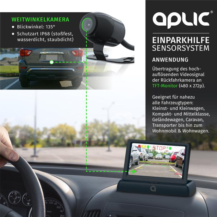 Produktbild Aplic Rückfahrkamera, Einparkhilfe mit 4x Parksensoren, Kamera & 4,3" Monitor mit Nachtsicht
