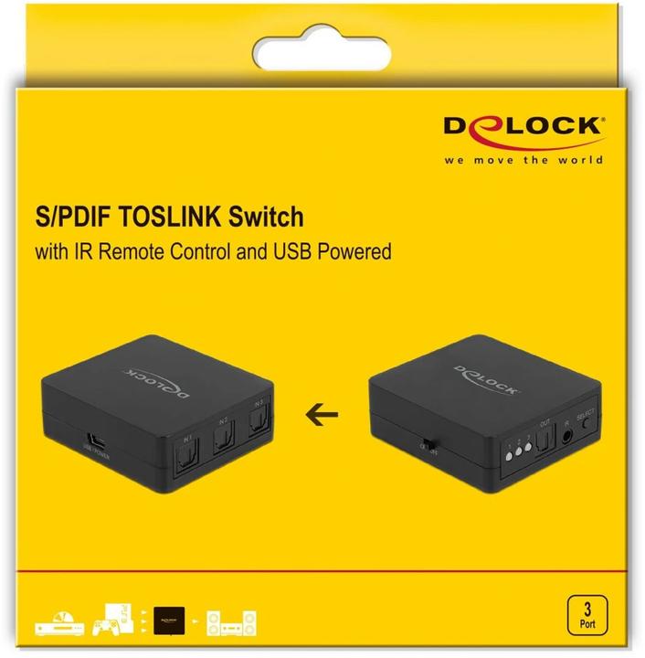 Actual product image Delock S/PDIF TOSLINK Switch 7,60cm (3") 1 Out with IR remote control and USB power supply