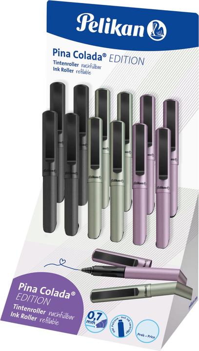 Produktbild Pelikan Tintenroller Pina Colada Edition Keildisplay farbig (Olive metallic, Anthrazit Metallic, Mauve metallic, 12 x)