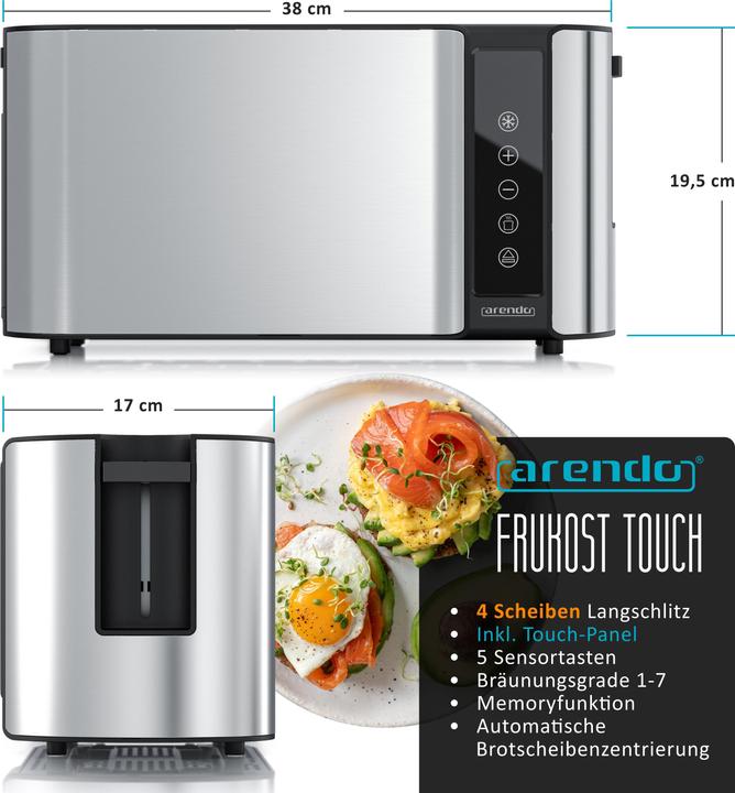 Actual product image Arendo Toaster stainless steel 4 slices long slot, touchpannel, bun warmer, display with remaining time