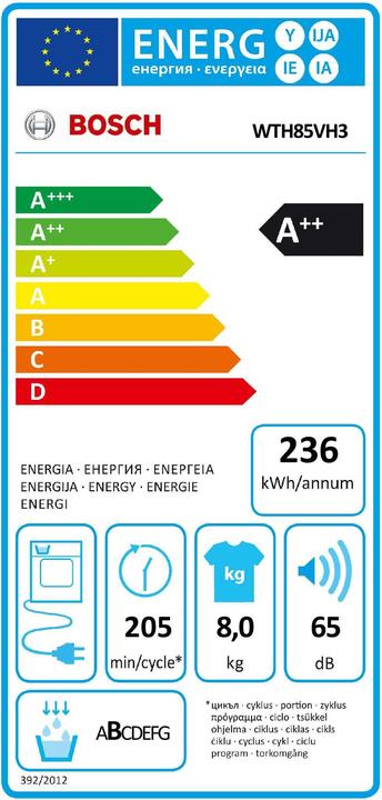 Label énergétique Bosch Hausgeräte Sèche-linge à pompe à chaleur MDA Série4,Express WTH85VH3 (8 kg, Droite)