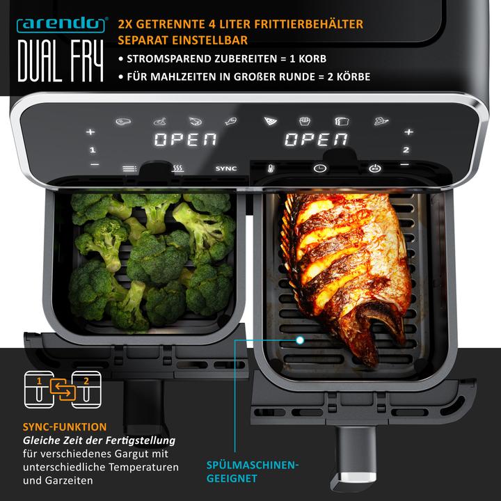 Produktbild Arendo Heissluftfritteuse XXL Doppelkammer Airfryer 8L, Dual Zone, Backofen, Edelstahl, 2700 W, mit Zubehör (CH-Stecker)