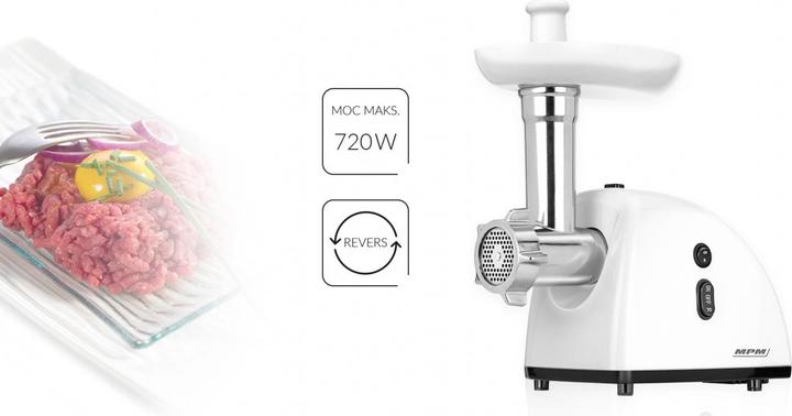 Produktbild MPM MMM-06 Elektrischer Fleischwolf, 3 Lochscheiben 3mm, 5mm, 7mm, Würstchen Füllen, Rücklauffunkti