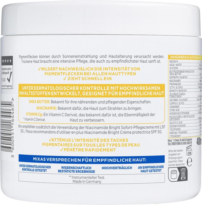 Nährwerte und Zutaten Mixa Niacinamide Bright (Körpermilch, 400 ml)