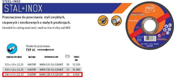 Immagine prodotto Incoflex Lama per metallo 230 x 1,9 mm InoxIFM416-230-1.9-22A36