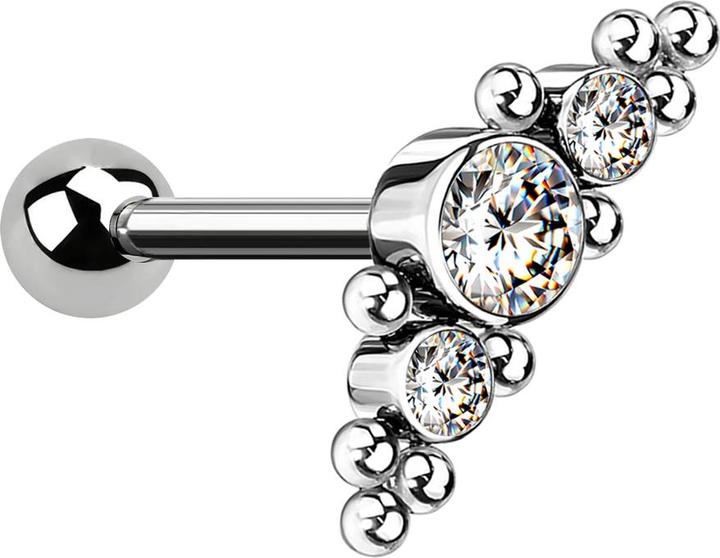 Star Piercing Micro Threadless Barbell silber mit Kugel und mittig mit Kugeln und drei Kristallen silber (ohne Messing, Titan G23)