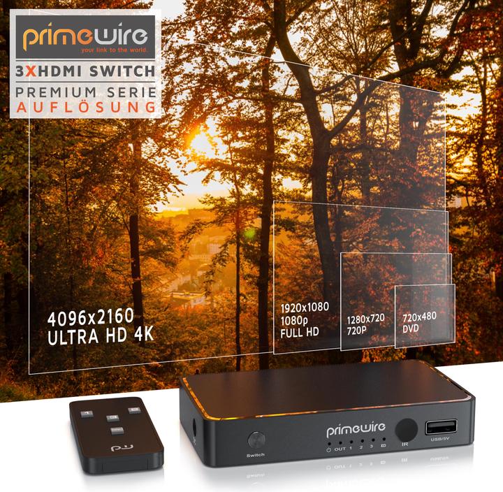 Produktbild Primewire HDMI Switch 4k 60Hz Ultra HD, 2 Port, Verteiler mit Fernbedienung, 4K, 3D, CEC, ARC