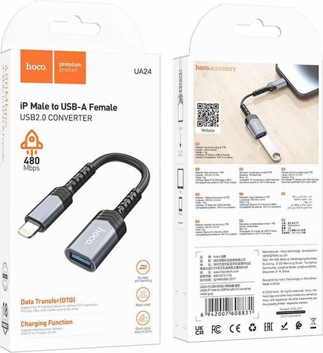Image du produit Hoco Cable adapter iPhone Lightning 8-pin (male) to USB (female) 3.0 UA24 black (USB 3.0)