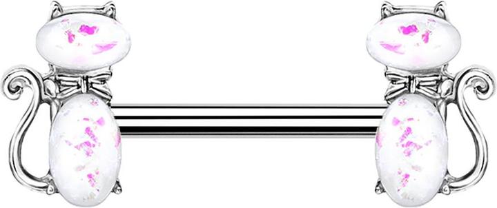 Star Piercing Barbell silber Katze Opal weiss (Chirurgenstahl 316L, Messing)