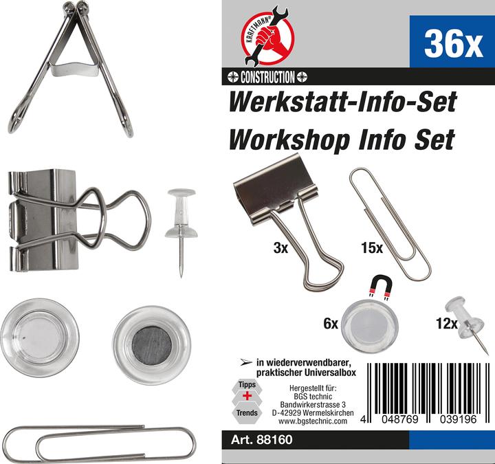 Produktbild BGS Werkstatt-Info-Satz mit Büroklammern, Magneten, Nadeln 36-tlg. (1 x)