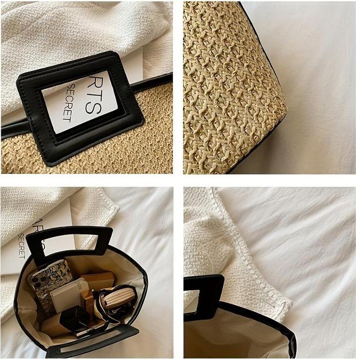 Produktbild Only-Bags.Store Stroh gewebt Handtasche, Boho Style Tote Bag, Sommer Tasche für Frauen, Stroh Kontrast Handtasche