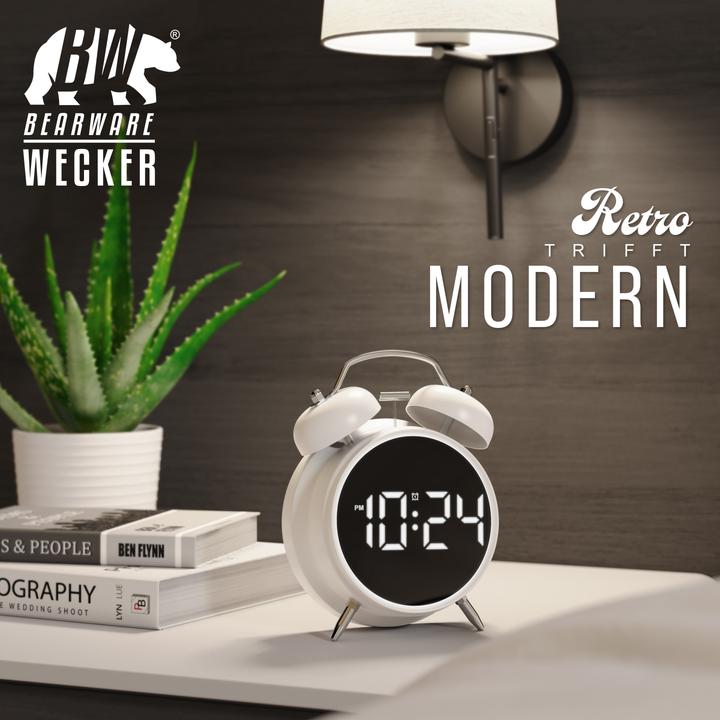Produktbild Bearware Wecker digital, rund, Lichtring, Retro, lauter Glockenalarm, Zeit und Datum, Beleuchtet, ohne Ticken