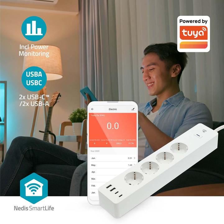 Produktbild Nedis SmartLife Power Strip Wi-Fi | Hybrid (CEE 7/7) / USB A / USB-C™ | 16 A | 3680 W | 2.00 m | 0 -