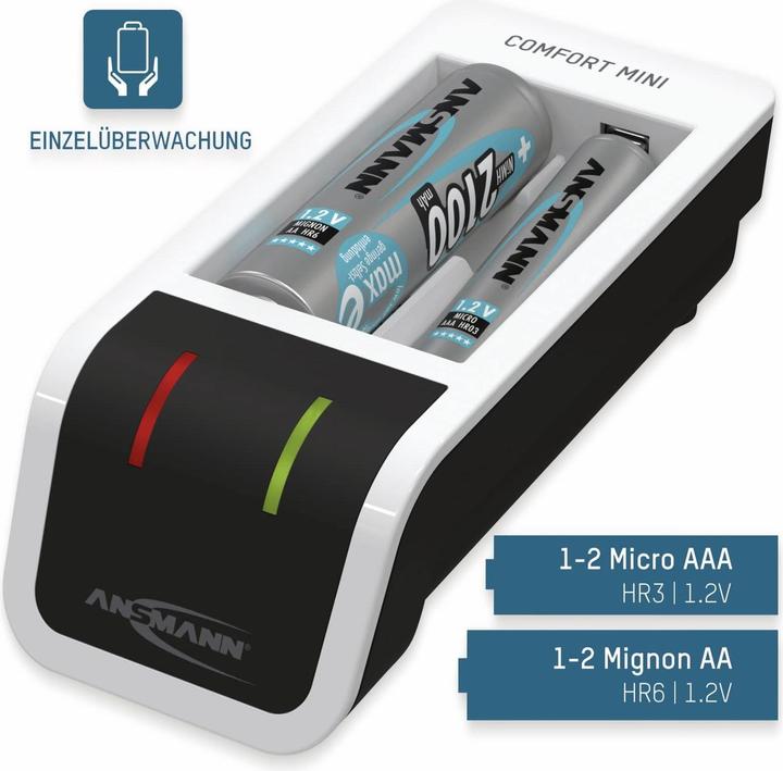 Produktbild Ansmann Comfort Mini Ladegerät inkl. 2 AA Mignon Akkus 2100 mAh (1 Stk., AA, AAA, 2100 mAh, Ladegerät inkl. Akku)