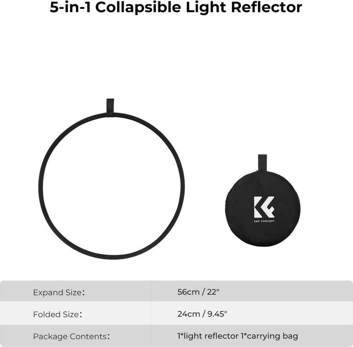 Image du produit K&F Concept Réflecteur circulaire 5 en 1 pour la photographie 56cm Gold Sliver Black White Translucent Panel