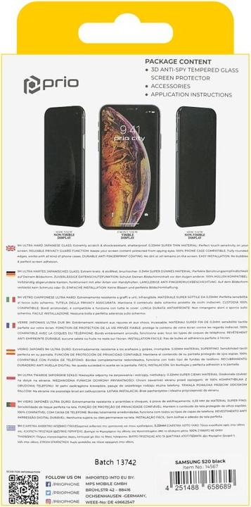 Produktbild prio 3D Anti-Spy Tempered Glass for Samsung S20 black (1 Stück, Samsung Galaxy S20 5G, Samsung Galaxy S20)