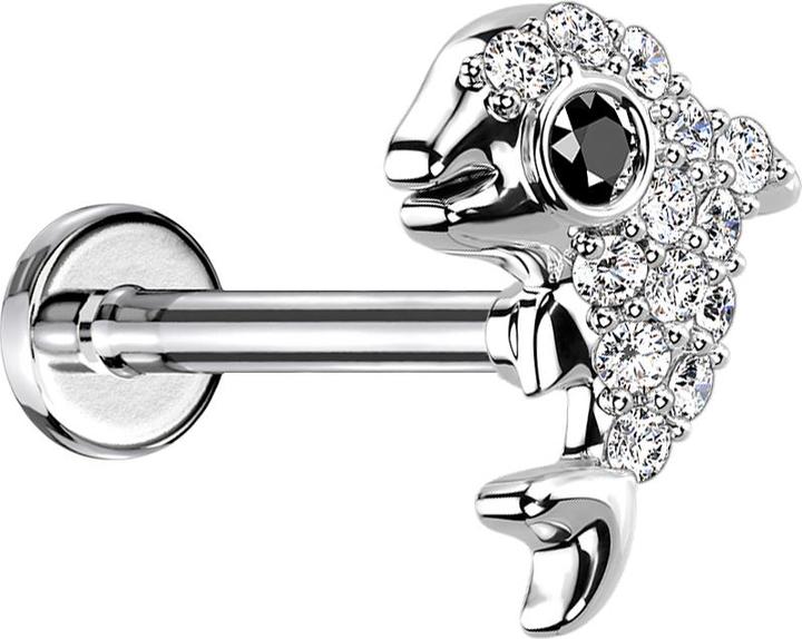 Star Piercing Micro Labret Innengewinde silber Delfin mit Kristallen silber (Chirurgenstahl 316L, Messing)