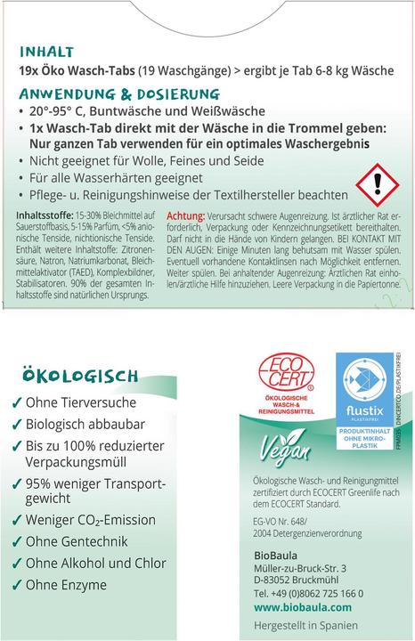 Produktbild BioBaula Waschmittel Kapseln Öko Wasch-Tabs 19 Stück (19 Waschgänge, Waschpods)