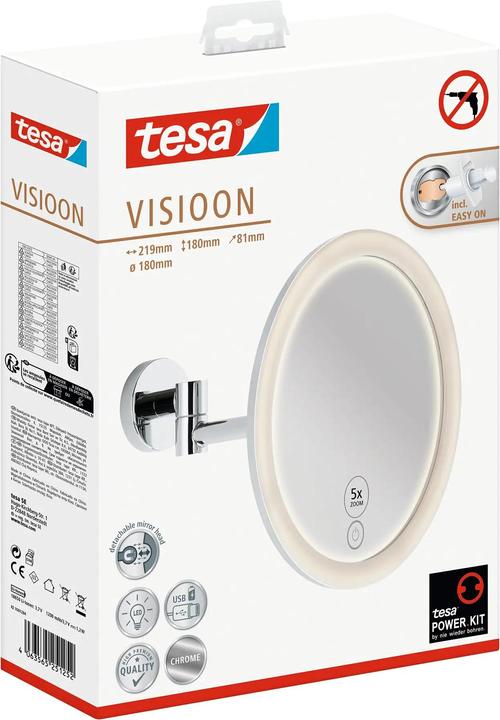 Produktbild tesa VISIOON LED-Kosmetikspiegel mit Beleuchtung, 5-fach-Vergröss. - Wandmontage ohne Bohren, Schwarz (8 x 22 x 18 cm)