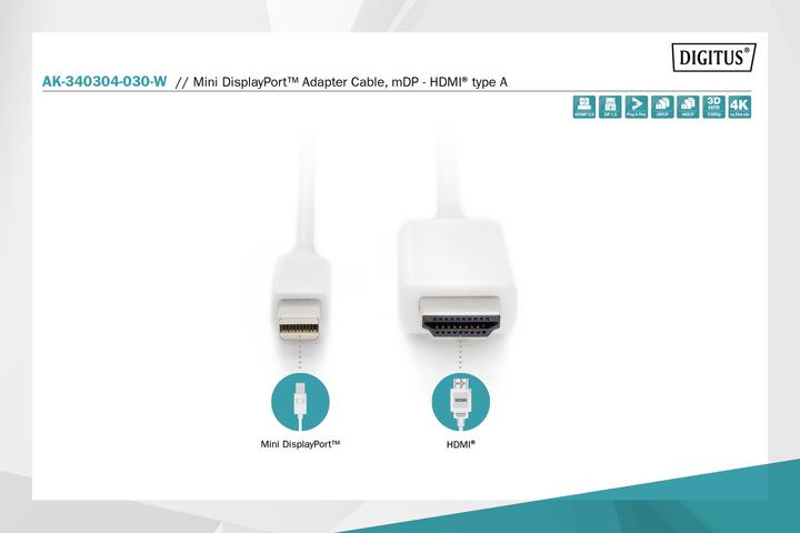 Image du produit Digitus Mini DP cable,mDP - HDMI, 2m (2 m, DisplayPort, HDMI)
