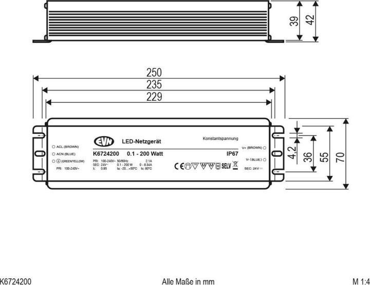 Actual product image EVN K6724200 LED power supply 24VDC 0,1-200W IP67