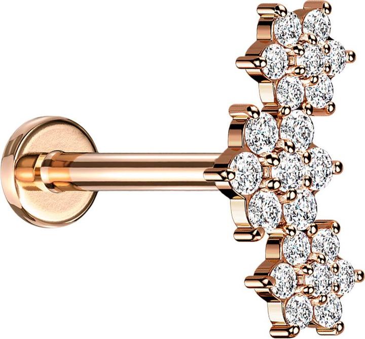 Star Piercing Micro Labret Innengewinde rosegold drei Blumen Kristalle silber (Messing, Chirurgenstahl 316L)