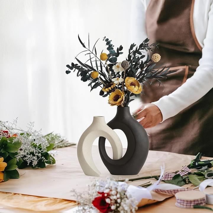 Image du produit Alopini 2er Set Moderne Keramikvasen - Abstraktes Kreuz Design, Boho Chic Donut Blumenvase für