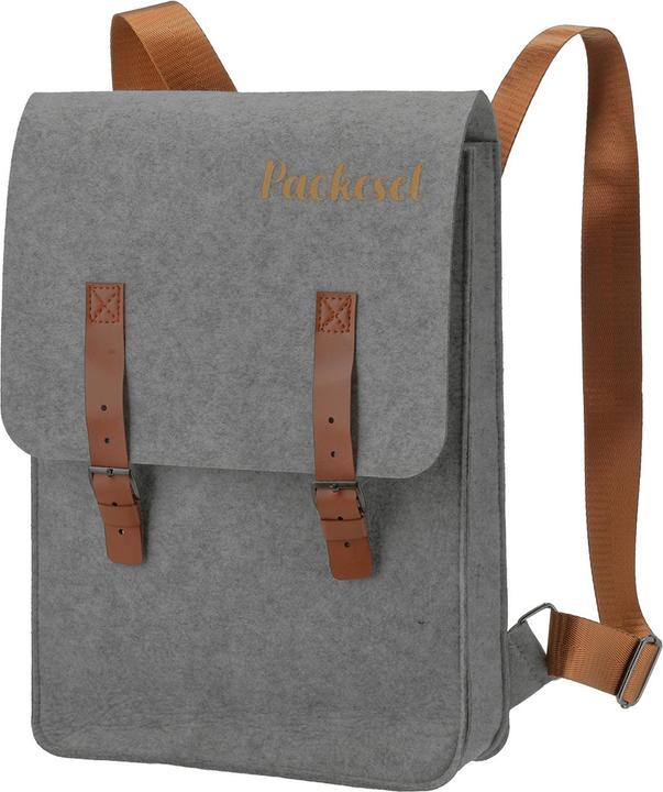 Actual product image Casativo Felt backpack with inscription pack donkey and fastening buckles, grey, 27.5 x 36 cm