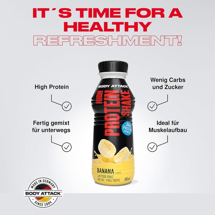 Produktbild Body Attack High Protein Shake, 12 x 500 ml Flasche (inkl. 3,- Euro Pfand) (Banane, 1 x)