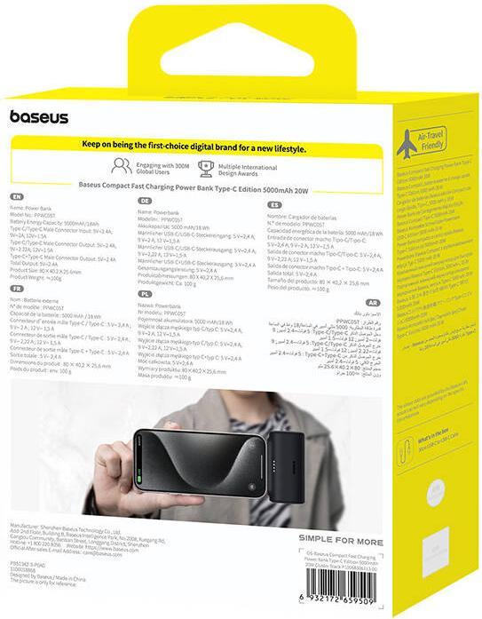 Produktbild Baseus Compact Series Fast Charging USB-C Powerbank 20W (5000 mAh, 20 W, 18 Wh)
