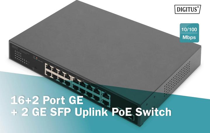 Actual product image Digitus 16+2 Port 10/100/1000 Mbps + 2 Gigabit SFP PoE Switch (18 Ports)