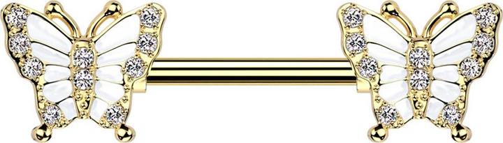 Produktbild Star Piercing Barbell vergoldet mit zwei Schmetterling vergoldet Kristalle silber (Messing, Chirurgenstahl 316L)