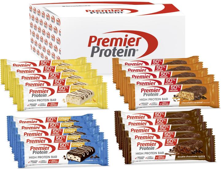 Premier Protein Protein Bar 50% Multiflavourbox (Schokolade Keks, Pfirsich, Cookie, Schokolade Karamell, 20 Stk., 800 g)