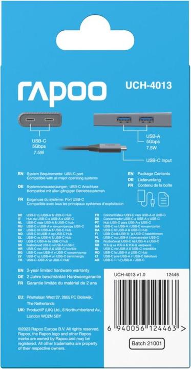 Actual product image Rapoo USB-C Hub UCH-4013 USB-C to USB-A and USB-C, grey (00226496) (USB-C, 4 Ports)
