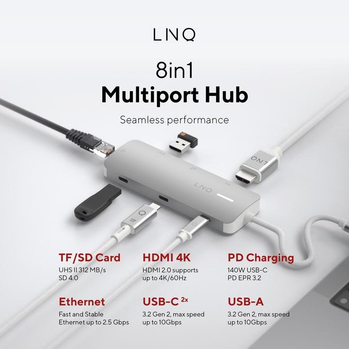 Produktbild LINQ Connects 8in1 PRO USB-C Multiport Hub 140W (USB-C, 8 Ports)