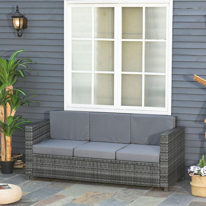 Produktbild Swisshandel24 Poly-Rattan Sofa mit Kissen 3-Sitzer Garten Loungesofa Metall Polyester Grau 185 x 70 x 80 cm