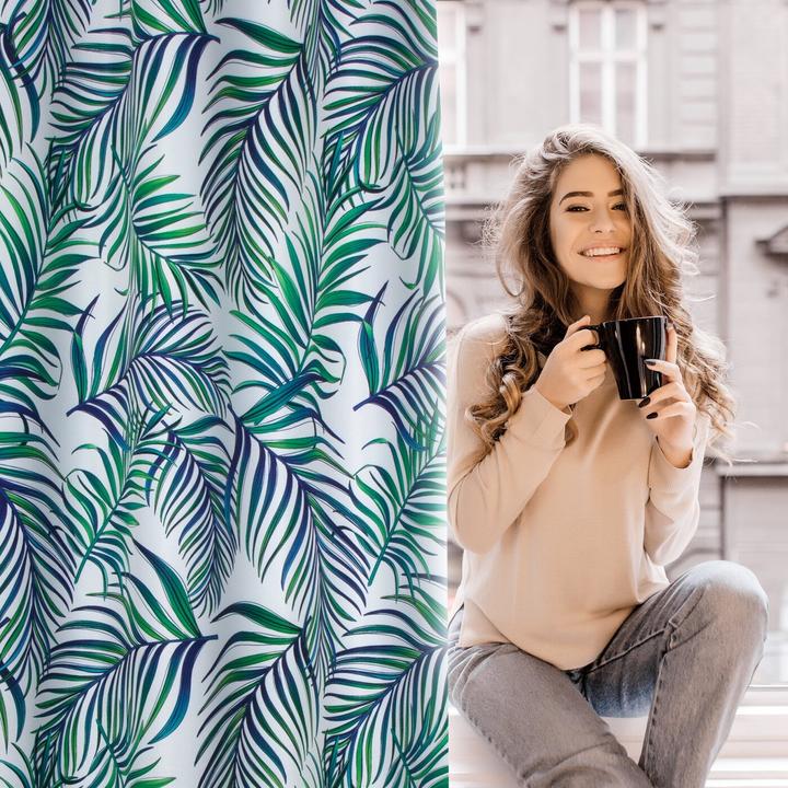 Immagine prodotto Eurofirany DESIGN 91 PALMS 2 tende con stampa di foglie di palma, bianco, blu navy, 140 x 250 cm, (140 x 250 cm)