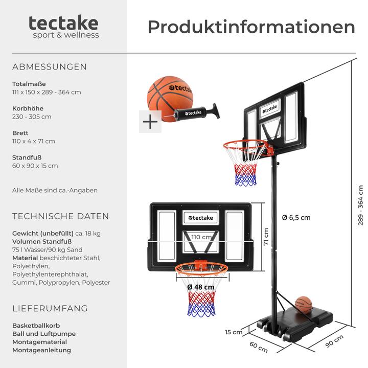 Actual product image tectake Basketball hoop Dirk, hoop height 234 - 302 cm, with ball & pump