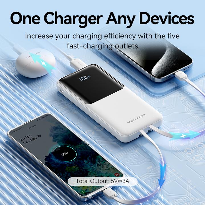 Image du produit Vention Banque d'alimentation 10000mAh (Micro-USB + USB-C + USB-A + USB-A) avec câbles USB-C et Lightning (10000 mAh, 37 Wh)