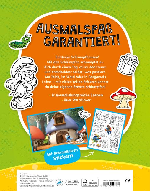 Ravensburger Mon livre d'autocollants à colorier Les Schtroumpfs - Grand livre avec plus de 250 autocollants