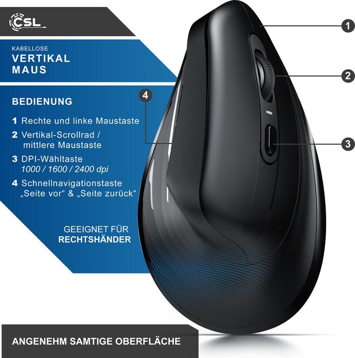 Actual product image CSL ergonomic mouse, radio, vertical, optical, wireless, 2.4Ghz & Bluetooth, arm-friendly, 2400 dpi (Wireless)