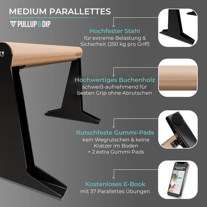 Produktbild Pullup & Dip Hochwertige Holz Parallettes mit ergonomischem Holzgriff und Blech Fen, low oder medium Ausfhrung