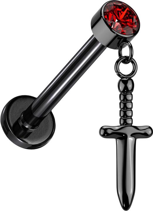 Image du produit Star Piercing Micro Labret Filetage intérieur noir Cylindre noir Cristal rouge Pendentif Dague noir (Titane G23, sans laiton)